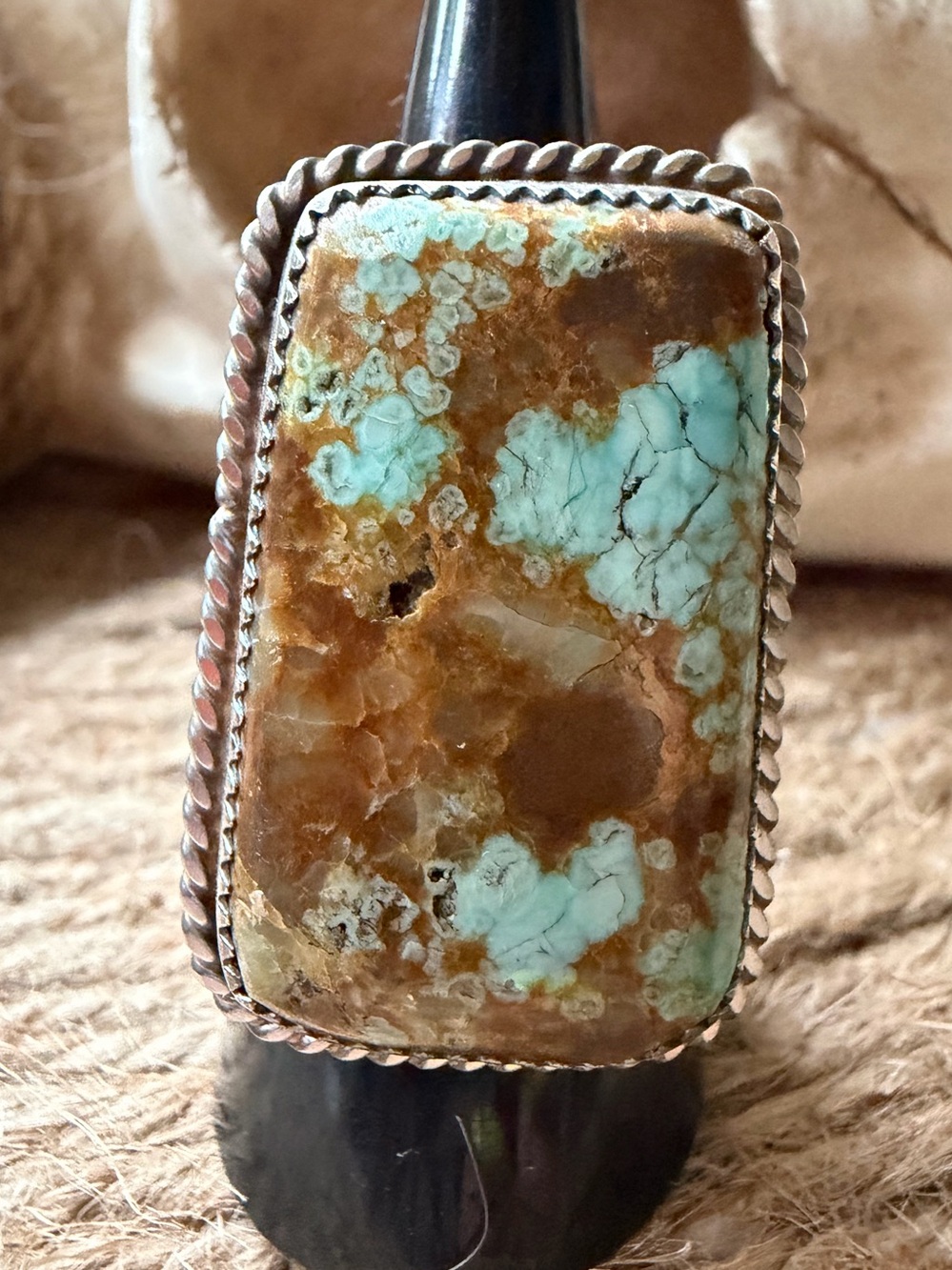 Leslie Nez Navajo Number Eight Turquoise, Rectangular Statement Ring - Picture 1 of 11